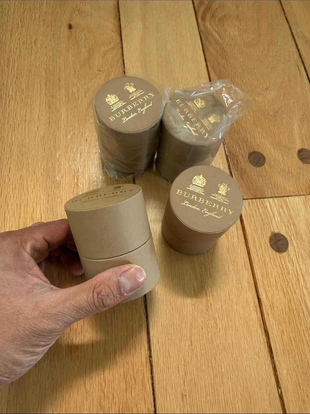Burberry Tan Round Gift Boxes with Gold Logo (Set of 4) 2.75” height